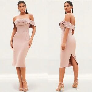 NWT Lavish Alice Mink Pleated Bardot Satin Mix Midi Dress